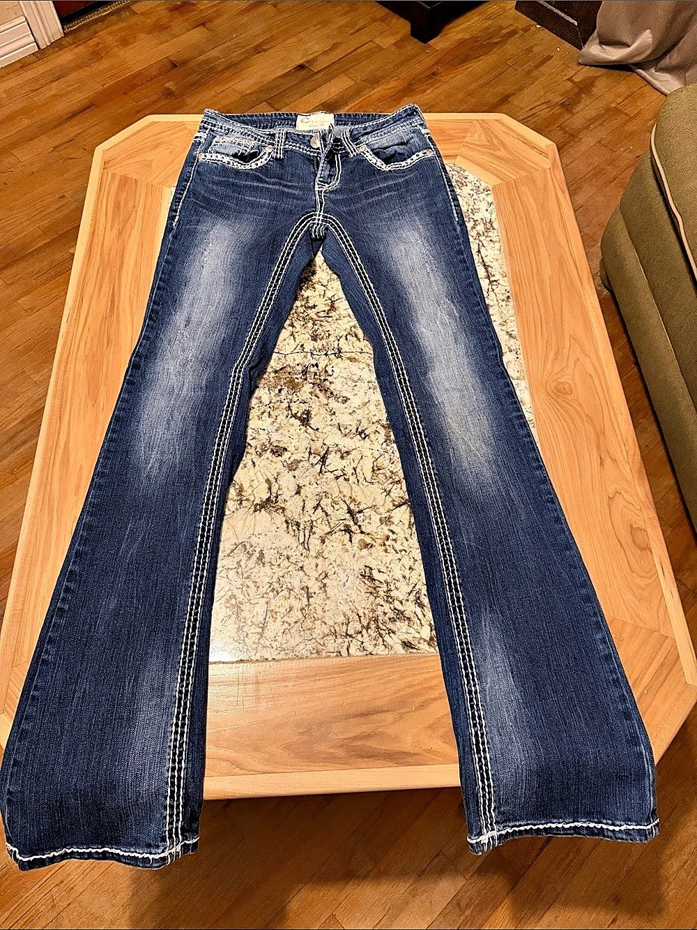 Charme Heavy Stitch Embroidered Bootcut Jeans Blue Waist 26
